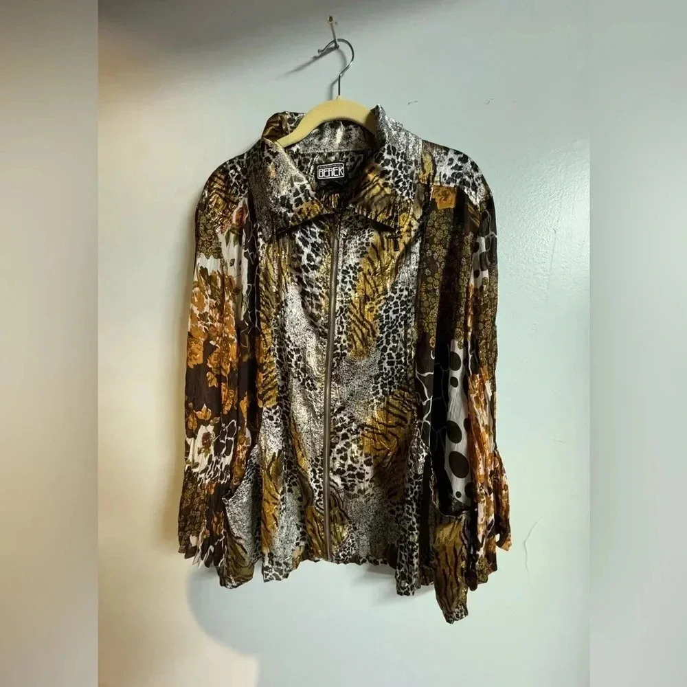 Berek women’s Animal Print jogger zipup wind breaker Satin Jacket XL lightweight